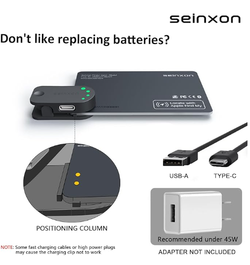Rastreador de billetera recargable con bloqueo RFID, IP68, buscador de artículos, funciona con Apple Find My APP y red con clip de recarga (solo iOS)